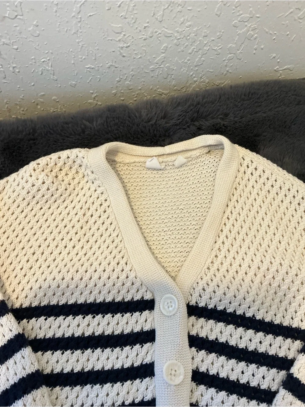GAP Cream and Black Striped Open-Knit Button Cardigan